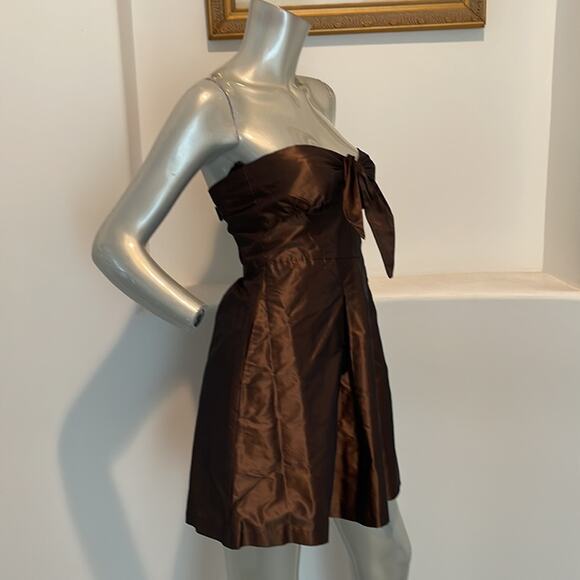 Vintage Rhys Dwfen Chic Little Devil Strapless Bow Front Mini Dress Brown Size 6 - Picture 2 of 9